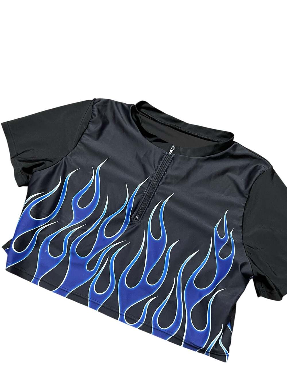 SHEIN Plus Size Blue Fire Print Zip-Up Short Sleeve Crop Top